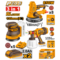 KIT A BATERIA P20S 20V LIJADORA DE YESO 850W 180MM 7 + LIJADORA ROTO ORBITAL 125MM 7 + PISTOLA DE PINTAR + 2 BAT, CARG