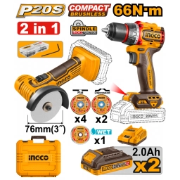 KIT A BATERIA P20S 20V MINI AMOLADORA 3" MULTIFUNCION + TALADRO ATORNILLADOR 66NM + 2BAT, CARGADOR, VALIJA Y ACCESORIOS 