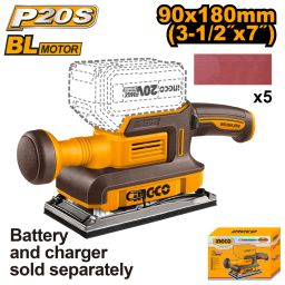 LIJADORA ORBITAL A BATERA BRUSHLESS MOTOR 20V P20S + 5 LIJAS, SBAT, SCARGADOR INGCO CFSLI2031