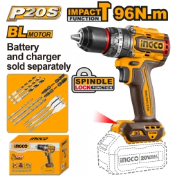 TALADOR ATORNILLADOR C/PERCUTOR A BATERIA BRUSHLESS 20V 96NM + ACCESORIOS,S/CARG S/BAT INGCO CIDLI209681