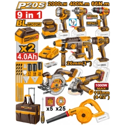 KIT COMBO INDUSTRIAL 9 HERRAMIENTAS A BATERIA P20S 20V  BRUSHLESS + 2BAT, CARG, ACCESORIOS Y VALIJA INGCO COSLI250381