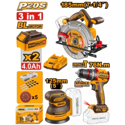 KIT COMBO A BATERIA P20S BRUSHLESS SIERRA CIRCULAR + LIJADORA ROTO ORBITAL + TALADRO ATORNILLADOR C/PERCUTOR 76NM + 2 BA