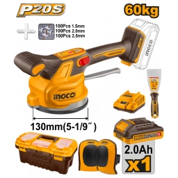 VENTOSA VIBRADORA A BATERIA P20S 130MM C/BATERIA + CARGADOR +  ACCESORIOS + CAJA HERRAMIENTAS PLASTICA INGCO CTVLI20015