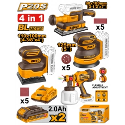 KIT COMBO A BATERIA P20S BRUSHLESS 3 LIJADORAS + 1 PISTOLA DE PINTURA + 2BAT, CARGADOR Y ACCESORIOS INGCO COSLI250383