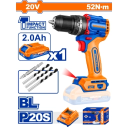 TALADRO ATORNILLADOR C/PERCUTOR A BATERIA P20S 20V BRUSHLESS 52NM C/BAT Y CARGADOR WADFOW WCDP5282