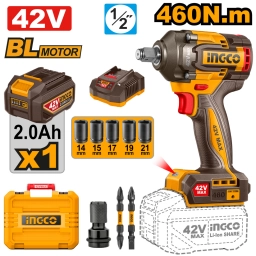 LLAVE DE IMPACTO A BATERIA 42V BRUSHLESS 460NM 1/2" C/BAT, CARGADOR, ACCESORIOS + VALIJA INGCO CIWLI42461