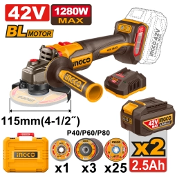 AMOLADORA ANGULAR A BATERIA BRUSHLESS 42V 115MM C/ACCESORIOS + 2 BAT 2.5AH + CARGADOR + VALIJA INGCO CAGLI4128112