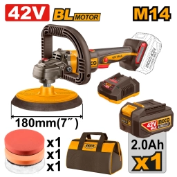 LUSTRA PULIDORA A BATERIA 42V BRUSHLESS 180MM M14 C/ACCESORIOS + BATERIA 2.0AH + CARGADOR + BOLSO INGCO APLI42181