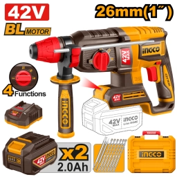 ROTOMARTILLO A BATERIA 42V BRUSHLESS SDS PLUS 2.5J + 6 MECHAS + 2 CINCEL + 2 BAT 2.0AH + CARGADOR + VALIJA INGCO CRHLI42