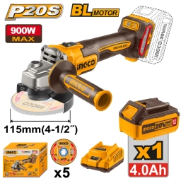 AMOLADORA ANGULAR 115MM A BATERIA P20S 20V BRUSHLESS + 5 DISCOS + BAT 4.0AH + CARGADOR INGCO CAGLI261521