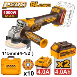 AMOLADORA ANGULAR 115MM A BATERIA P20S 20V BRUSHLESS + 10 DISCOS + 2 BAT 4.0AH + CARGADOR + VALIJA INGCO CAGLI271532