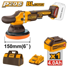 LUSTRA PULIDORA A BATERIA P20S 20V  150MM 6" BRUSHLESS + BATERIA 4.0AH + CARGADOR + BOLSO INGCO APLI20151