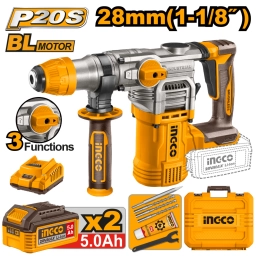 ROTOMARTILLO A BATERIA 28MM P20S 20V 4.5J SDS PLUS + 2 BAT 5.0AH + CARGADOR + ACCESORIOS + VALIJA INGCO CRHLI202885 OTP