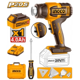PISTOLA DE CALOR 550°C A BATERIA P20S 20V + BAT 4.0AH + CARGADOR + VALIJA + ACCESORIOS INGCO HGLI20065