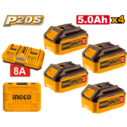 SET X 4 BATERIAS 5AH 20V + CARGADOR DOBLE 8A + VALIJA INGCO FBCLI20285 OTP