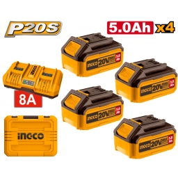 SET X 4 BATERIAS 5AH 20V + CARGADOR DOBLE 8A + VALIJA INGCO FBCLI20285 OTP