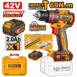 TALADRO ATORN. C/PERCUTOR A BATERIA 42V 69NM BRUSHLESS C/ BATERIA + CARGADOR + VALIJA + ACCESORIOS INGCO CIDLI426981