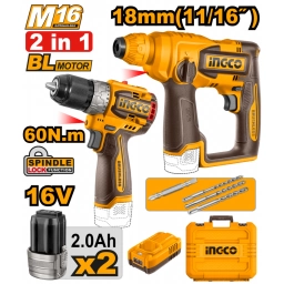 KIT COMBO 2 PCS A BATERIA 16V BRUSHLESS MOTOR ROTOMARTILLO 18MM + TALADRO ATORNILLADOR 60NM C/ 2 BATERIAS, CARGADOR, VAL