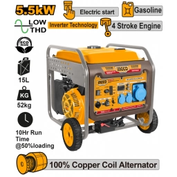 GENERADOR GASOLINA INVERTER 5.5KW 220V 50HZ ONDA PURA C/ DISPLAY DIGITAL, MODO ECO Y ARRANQUE ELECTRICO INGCO GEIF65006