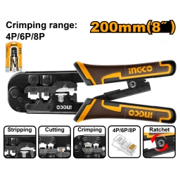 PINZA CRIMPEADORA 3 FUNCIONES PARA RED/TELEFONO 4P 6P 8P 8" INGCO HMPCN2468R