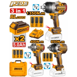 KIT COMBO A BATERIA P20S 3 LLAVES DE IMPACTO 3/4" 1350NM  + 1/2" 850NM +  1/2" 400NM + 2 BAT 5.0AH + CARGADOR + ACCESORI