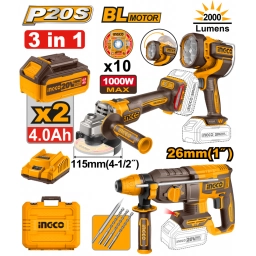 KIT COMBO A BATERIA P20S ROTOMARTILLO 26MM 1"+ AMOLADORA .A 4�" 115MM + LINTERNA 2000 LUMENS + 2BAT 4.0AH COSLI250183