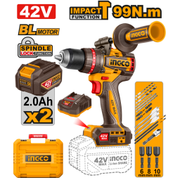 TALADRO ATORN. CPERCUTOR A BATERIA 42V 99NM BRUSHLESS C2 BAT 2.0AH  + CARGADOR + ACCESORIOS + VALIJA INGCO CIDLI429982