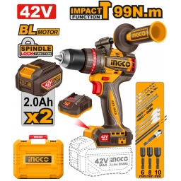 TALADRO ATORN. C/PERCUTOR A BATERIA 42V 99NM BRUSHLESS C/2 BAT 2.0AH  + CARGADOR + ACCESORIOS + VALIJA INGCO CIDLI429982