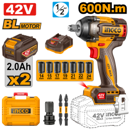 LLAVE DE IMPACTO A BATERIA 42V BRUSHLESS 600NM 12 C 2 BAT 2.0AH, CARGADOR, ACCESORIOS + VALIJA INGCO CIWLI42602