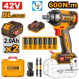 LLAVE DE IMPACTO A BATERIA 42V BRUSHLESS 600NM 1/2" C/ 2 BAT 2.0AH, CARGADOR, ACCESORIOS + VALIJA INGCO CIWLI42602