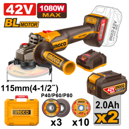 AMOLADORA ANGULAR A BATERIA BRUSHLESS 42V 115MM 4-12 C 2 BAT 2.0AH + CARGADOR + ACCESORIOS + VALIJA INGCO CAGLI410811