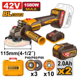 AMOLADORA ANGULAR A BATERIA BRUSHLESS 42V 115MM 4-1/2" C/ 2 BAT 2.0AH + CARGADOR + ACCESORIOS + VALIJA INGCO CAGLI410811