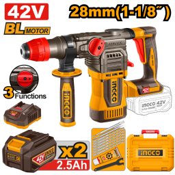 ROTOMARTILLO A BATERIA 42V 28MM 1-18 BRUSHLESS SDS PLUS 4.5J C 2 BAT 2.5AH + CARGADOR + ACCESORIOS + VALIJA INGCO CRH