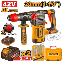 ROTOMARTILLO A BATERIA 42V 28MM 1-1/8" BRUSHLESS SDS PLUS 4.5J C/ 2 BAT 2.5AH + CARGADOR + ACCESORIOS + VALIJA INGCO CRH