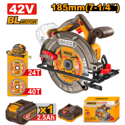SIERRA CIRCULAR A BATERIA 42V BRUSHLESS 185MM C BATERIA 2.5AH + CARGADOR  + ACCESORIOS INGCO CSLI4218511