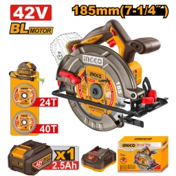 SIERRA CIRCULAR A BATERIA 42V BRUSHLESS 185MM C/ BATERIA 2.5AH + CARGADOR  + ACCESORIOS INGCO CSLI4218511