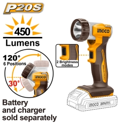 LINTERNA A BATERIA 450 LÚMENESP20S 20V S/BAT S/CARGADOR INGCO CWLI2058