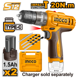 TALADRO ATORN. C/ PERCUTOR A BATERIA 12V 20NM  C/ 2 BAT 1.5AH + MECHAS + VALIJA  S/CARGADOR INGCO CIDLI12206