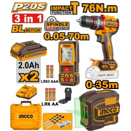 KIT COMBO P20S 20V TALADRO ATORN. C/PERCUTOR 76NM + NIVEL LASER AUTONIVELANTE 35MTS LUZ VERDE + MEDIDOR DE DISTANCIA 