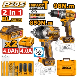 KIT COMBO P20S 20V TALADRO ATORNILLADOR C/PERCUTOR 96NM + LLAVE  DE IMPACTO 850NM C/ 2 BAT 4.0AH + CARGADOR + ACCESORIOS