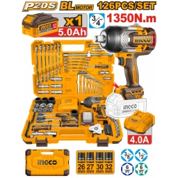 SET  LLAVE DE IMPACTO 3/4� 1350NM 20V C/BATERIA 5.0AH + CARGADOR + 126 ACCESORIOS EN VALIJA INGCO HKTHP31261