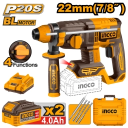 ROTOMARTILLO A BATERIA 22MM 20V BRUSHLESS C/ 2 BAT 4.0AH + CARGADOR + ACCESORIOS + VALIJA INGCO CRHLI212282