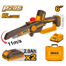 MOTOSIERRA A BATERIA P20S 20V 6" 11M/S BRUSHLESS MOTOR C/2 BAT 2.0AH + CARGADOR + ACCESORIOS + VALIJA INGCO CGSLI20662
