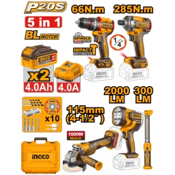 KIT COMBO A BATERIA 5 EN 1 P20S 20V BRUSHLESS TALADRO ATORN. C/PERCUTOR 66NM + ATORNILLADOR DE IMPACTO 285NM + AMOLADORA