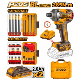 ATORNILLADOR IMPACTO A BATERIA 20V P20S BRUSHLESS 285NM C/2 BAT 2.0AH, CARGADOR +  ACCESORIOS + VALIJA INGCO COSLI250784