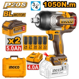 LLAVE DE IMPACTO A BATERIA P20S 20V BRUSHLESS 3/4" 1050NM C/2 BAT 5.0AH + CARGADOR + DADOS + VALIJA INGCO CIWLI20105