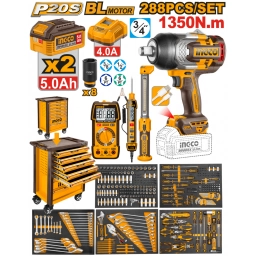 SET 288 HERRAMIENTAS C/ LLAVE DE IMPACTO A BATERIA 3/4" 1350NM 20V + LAMPARA TRABAJO + TESTER AUTOMOTRRIZ  + TESTER MULT