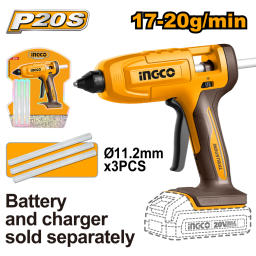 PISTOLA SILICONA BATERIA 20V P20S 17-20 g/min S/BAT Y S/CARG INGCO CGGLI2003