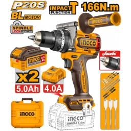 TALADRO ATORNILLADOR PERCUTOR 166NM 20V P20S + 2 BAT 5.0AH + CARGADOR + ACCESORIOS + VALIJA INGCO CIDLI201668