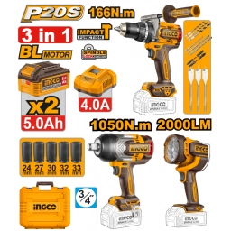 KIT COMBO A BATERIA P20S 20V TALADRO ATORN. PERCUTOR 166NM + LLAVE DE IMPACTO 1050NM 3/4" + LINTERNA 2000 LUMENS + 2 BAT